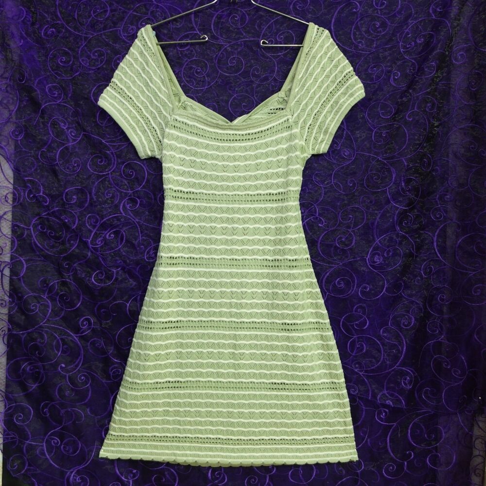 Hollister Womens Sz Medium Light Green Crochet Mini Dress Open Back Open Knit